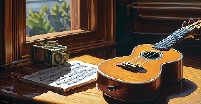 A ukulele on a wooden table with sheet music and a metronome, illuminated by warm natural light.