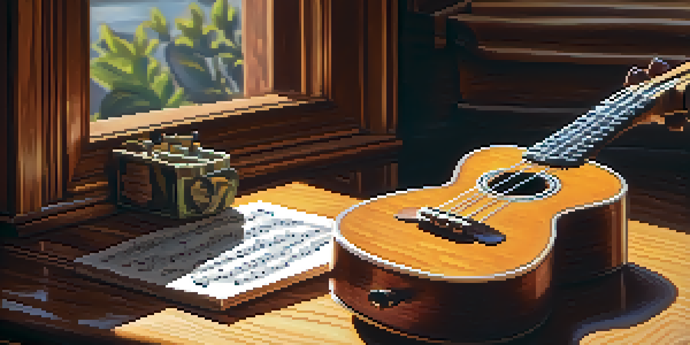 A ukulele on a wooden table with sheet music and a metronome, illuminated by warm natural light.