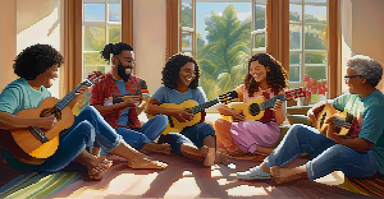 A diverse group of people sitting in a circle, playing ukuleles and smiling during a therapy session.