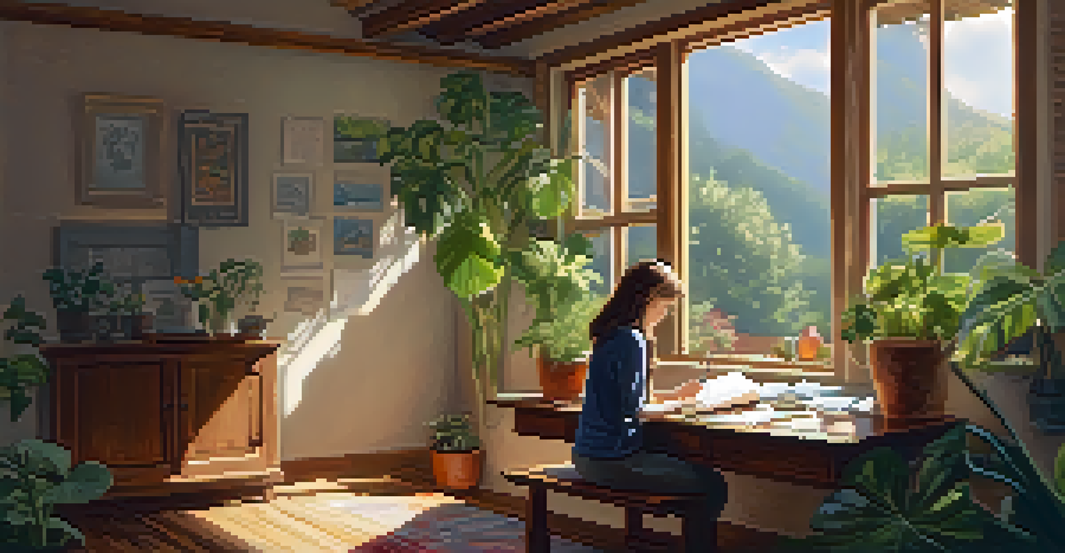 A person playing a ukulele and writing in a journal, surrounded by plants and sunlight streaming through a window.
