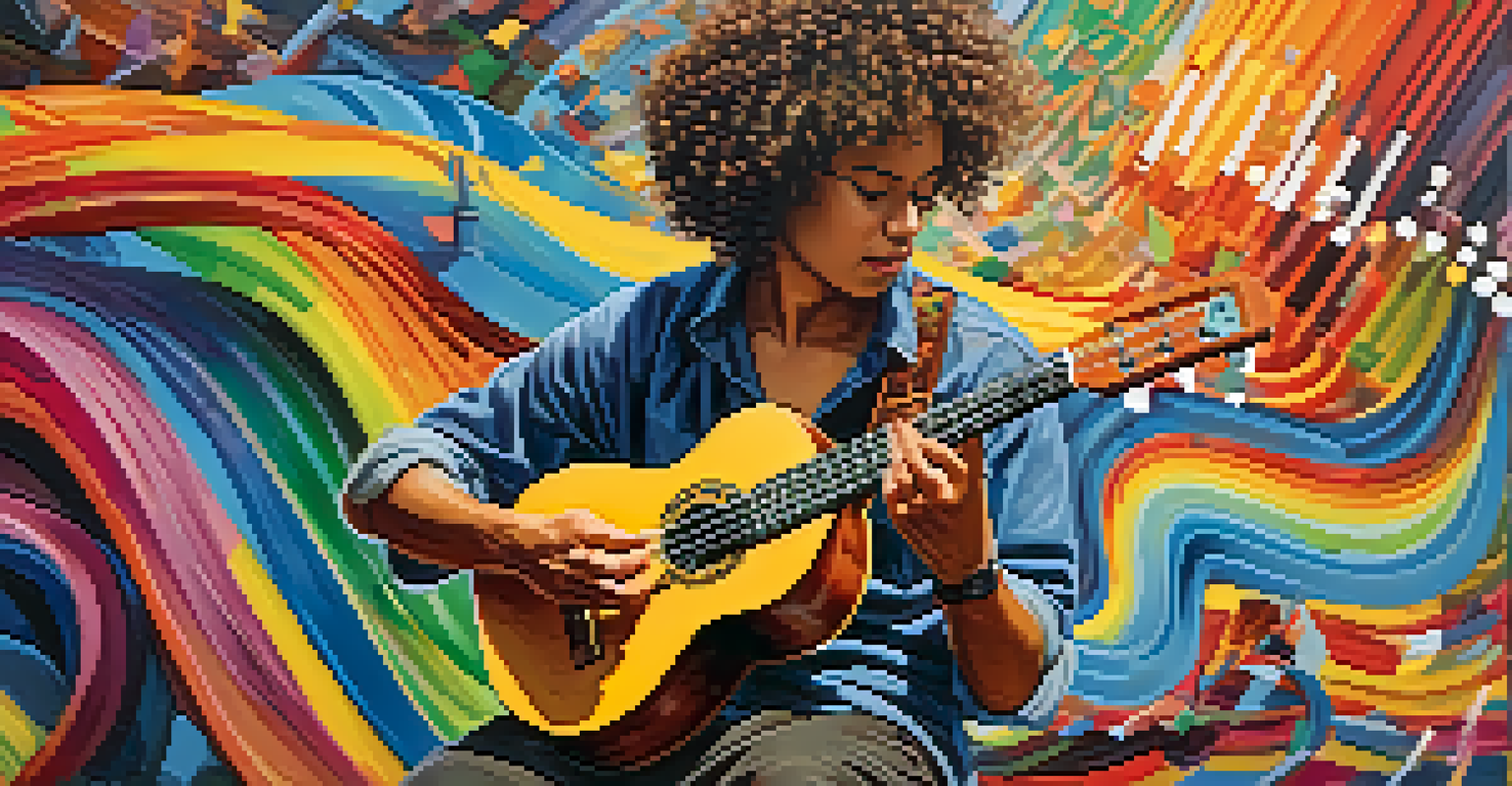 A ukulele player performing with dynamic finger movements, surrounded by colorful sound waves and musical notes.