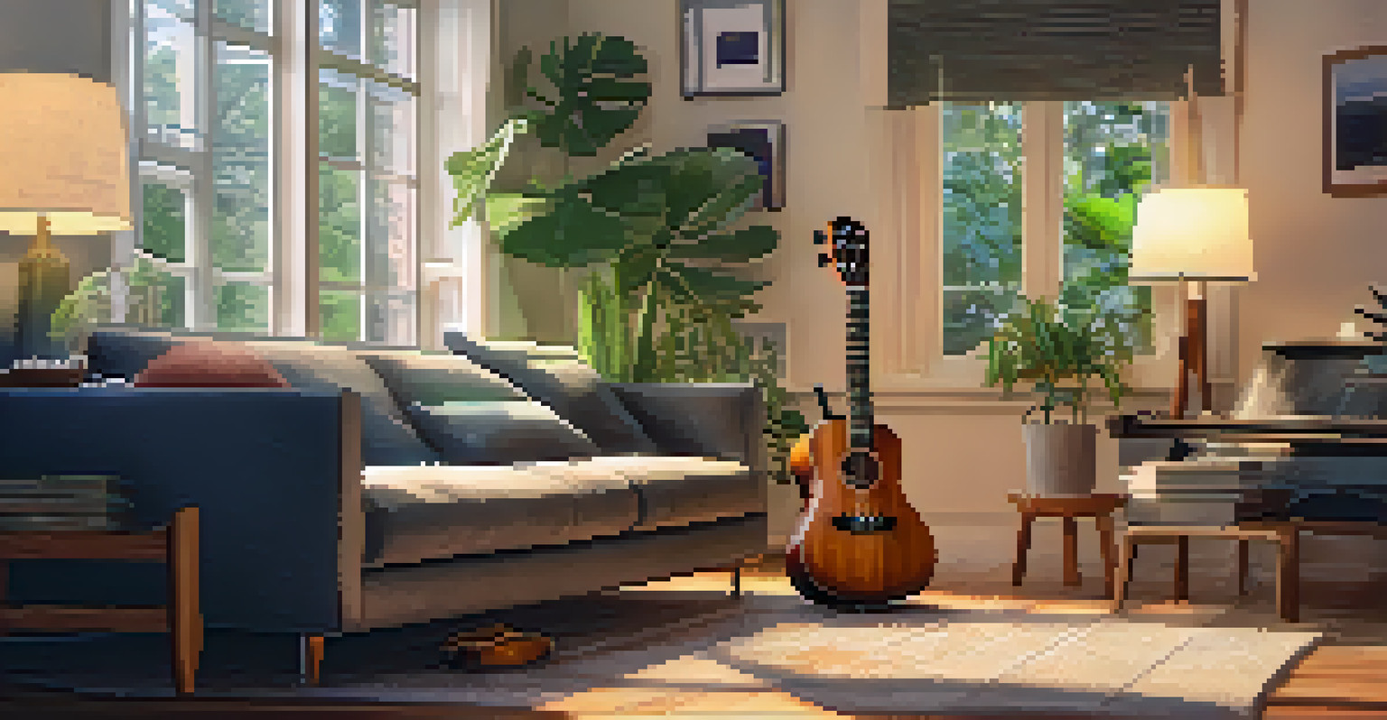A musician inspecting an electric ukulele while sitting on a sofa in a cozy, warmly lit living room with plants and a bookshelf.