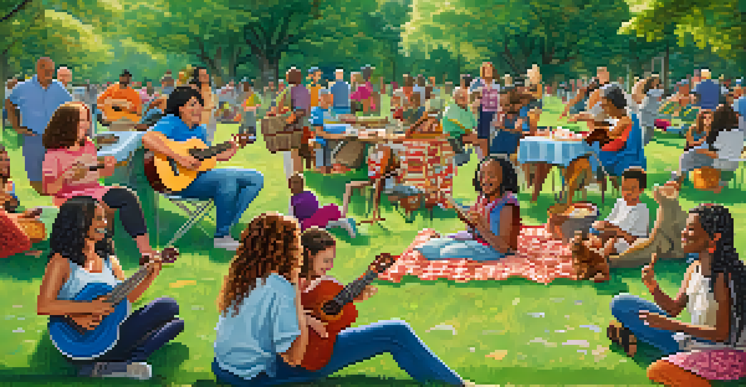 A diverse group of people playing ukuleles together in a park, surrounded by picnic blankets and baskets.