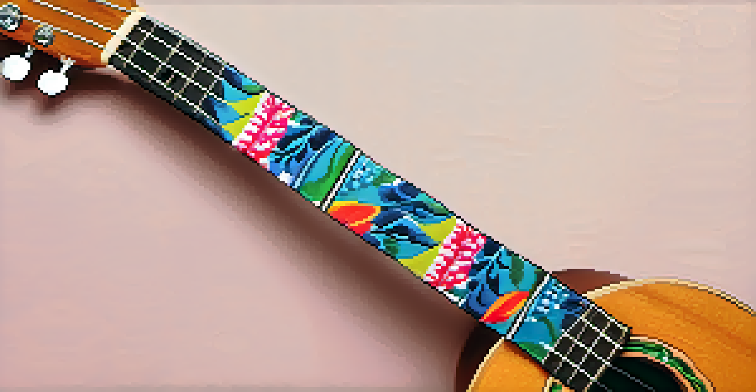 A colorful fabric ukulele strap with intricate patterns draped over a ukulele neck, with a blurred green background.