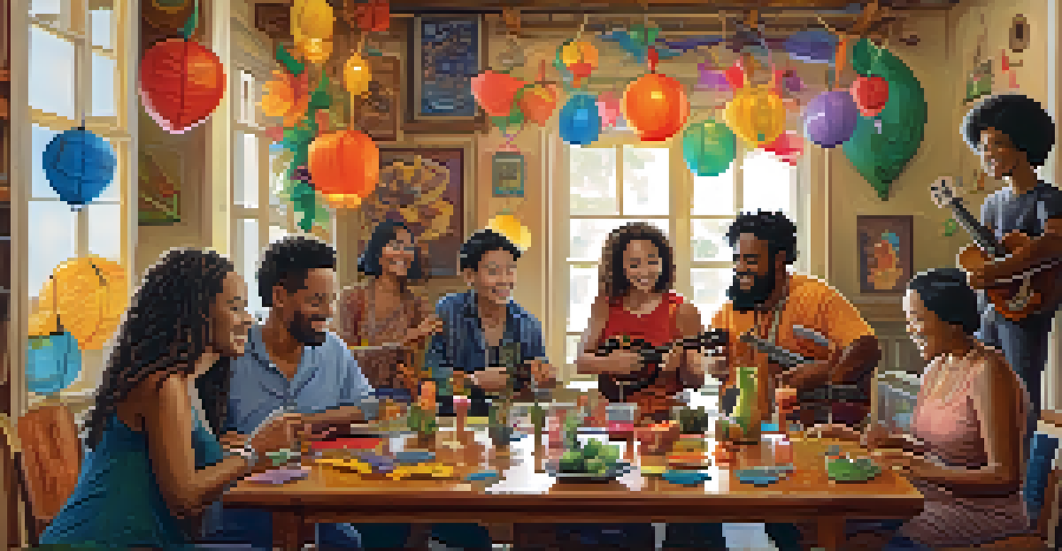 A diverse group of musicians playing ukuleles together in a cozy, decorated room.