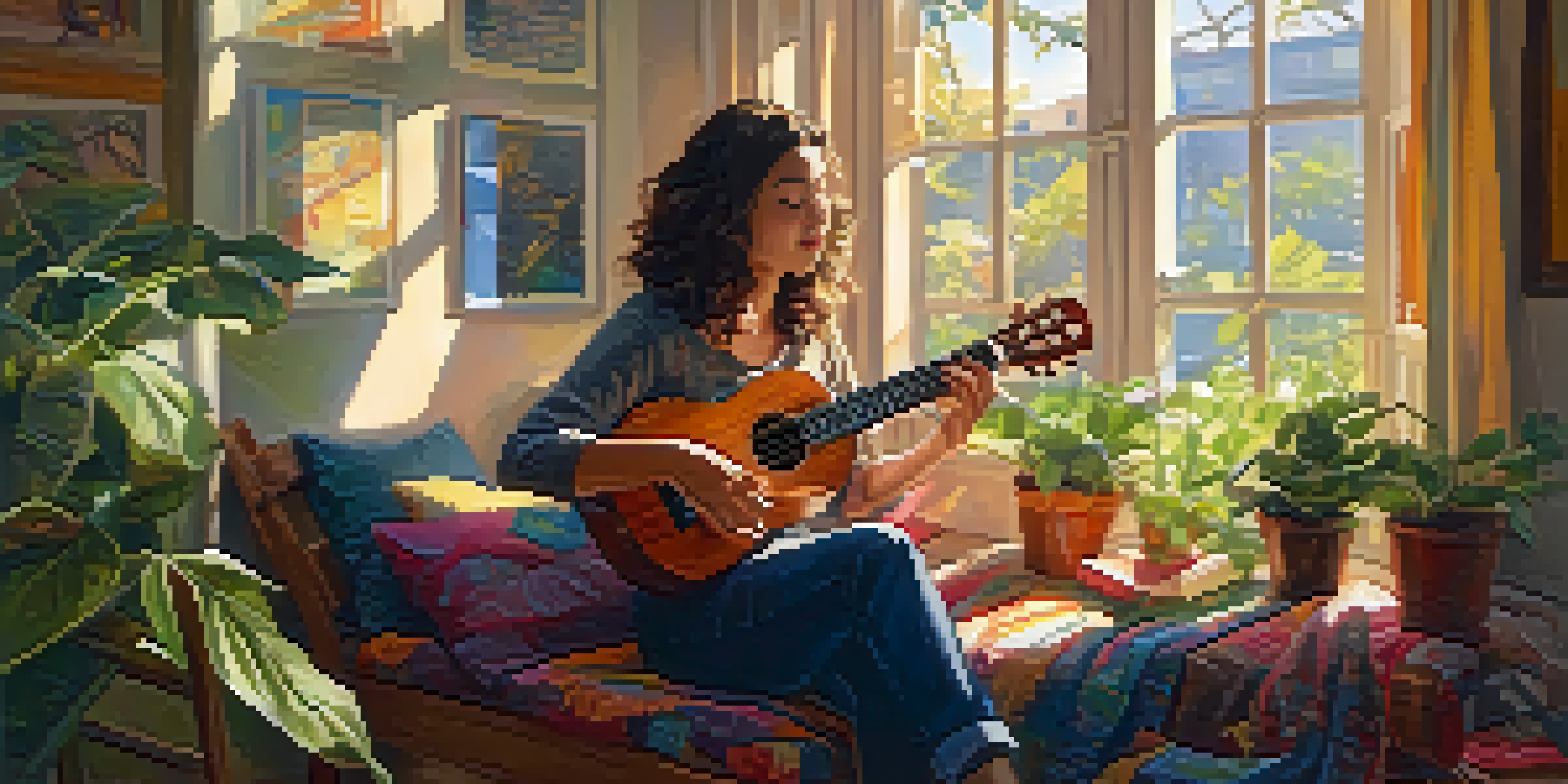 A person happily playing a ukulele in a sunlit room filled with plants and colorful cushions.