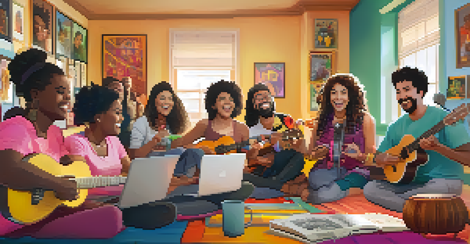 A diverse group of people happily learning ukulele together online, surrounded by instruments and music posters.