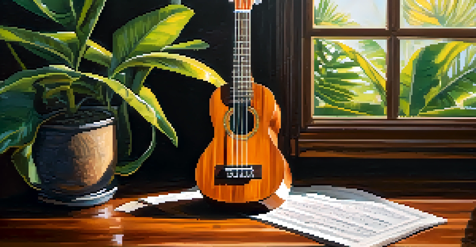 A soprano ukulele on a wooden table with tropical plants around it, sunlight streaming through leaves.