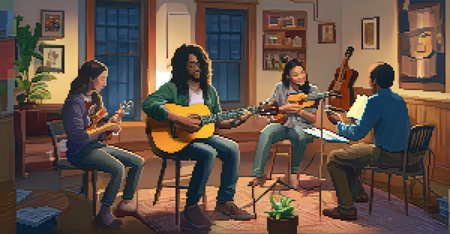 A computer screen showing diverse individuals participating in a virtual ukulele jam session, with music sheets and ukulele accessories in the background.