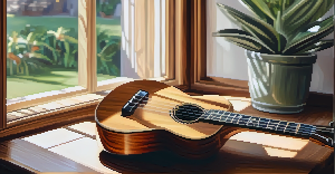 A close-up of a polished ukulele on a wooden table with natural light and a blurred cozy living room in the background.