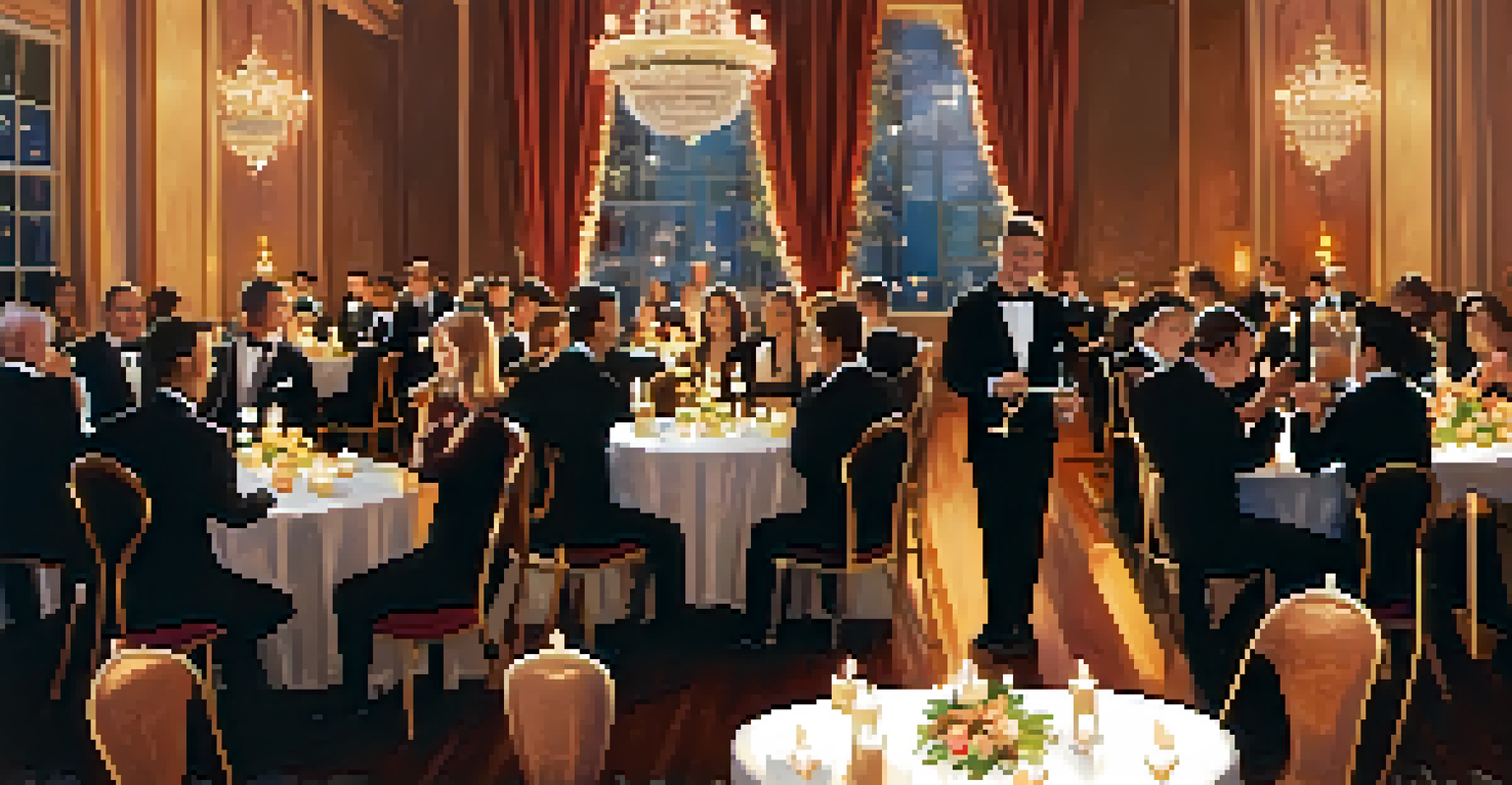 A fundraising gala featuring a ukulele band on stage with soft lighting, elegant tables, and attendees enjoying the atmosphere.