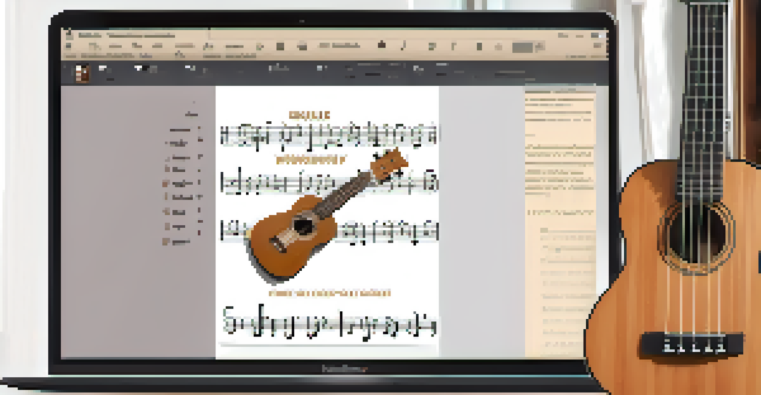 A laptop showing an online ukulele workshop with an instructor, surrounded by sheet music and a cup of coffee.