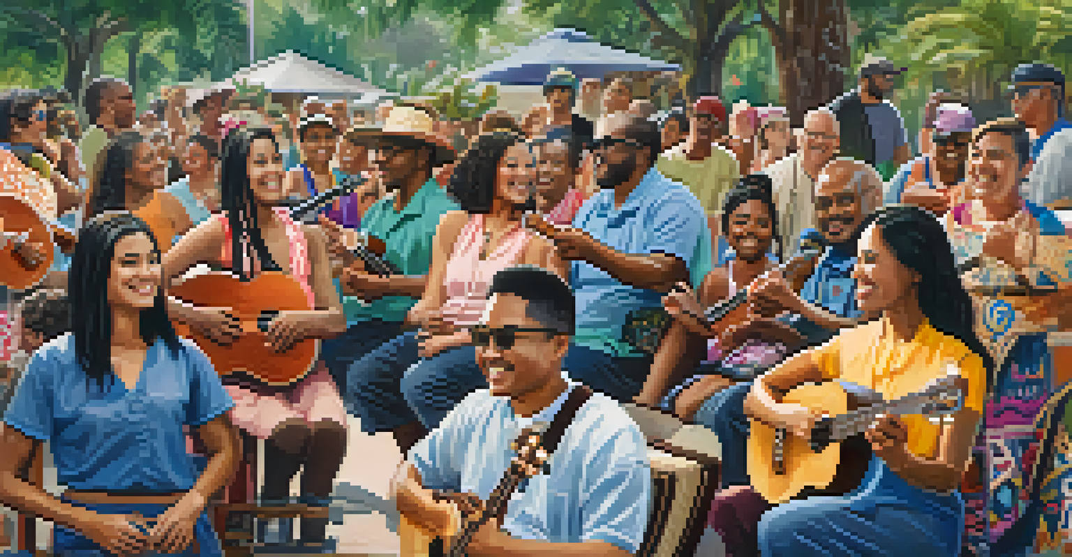 A multicultural community service event with local ukulele musicians in traditional attire, playing for an enthusiastic audience.