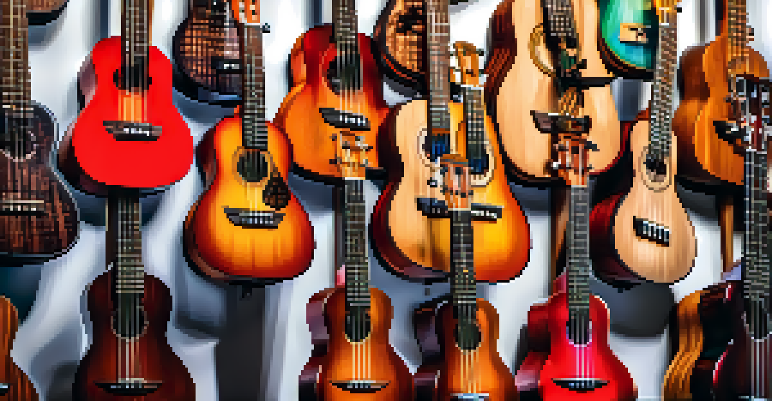 Various types of ukulele stands displayed in a music store with ukuleles of different colors on them.