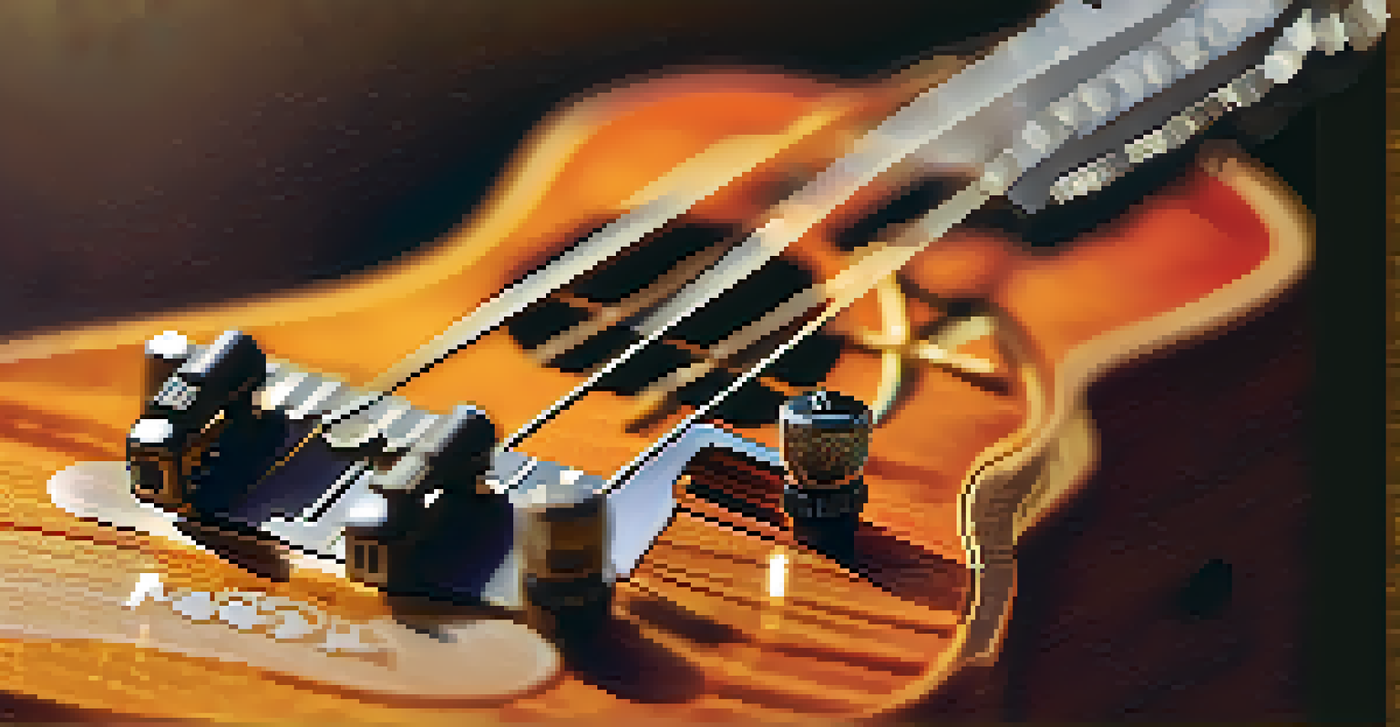 Close-up of a ukulele headstock with a clip-on tuner attached, showcasing the wood grain and strings in warm lighting.