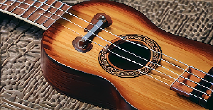 Close-up of a mahogany ukulele bridge with vibrating strings, illuminated by soft sunlight.
