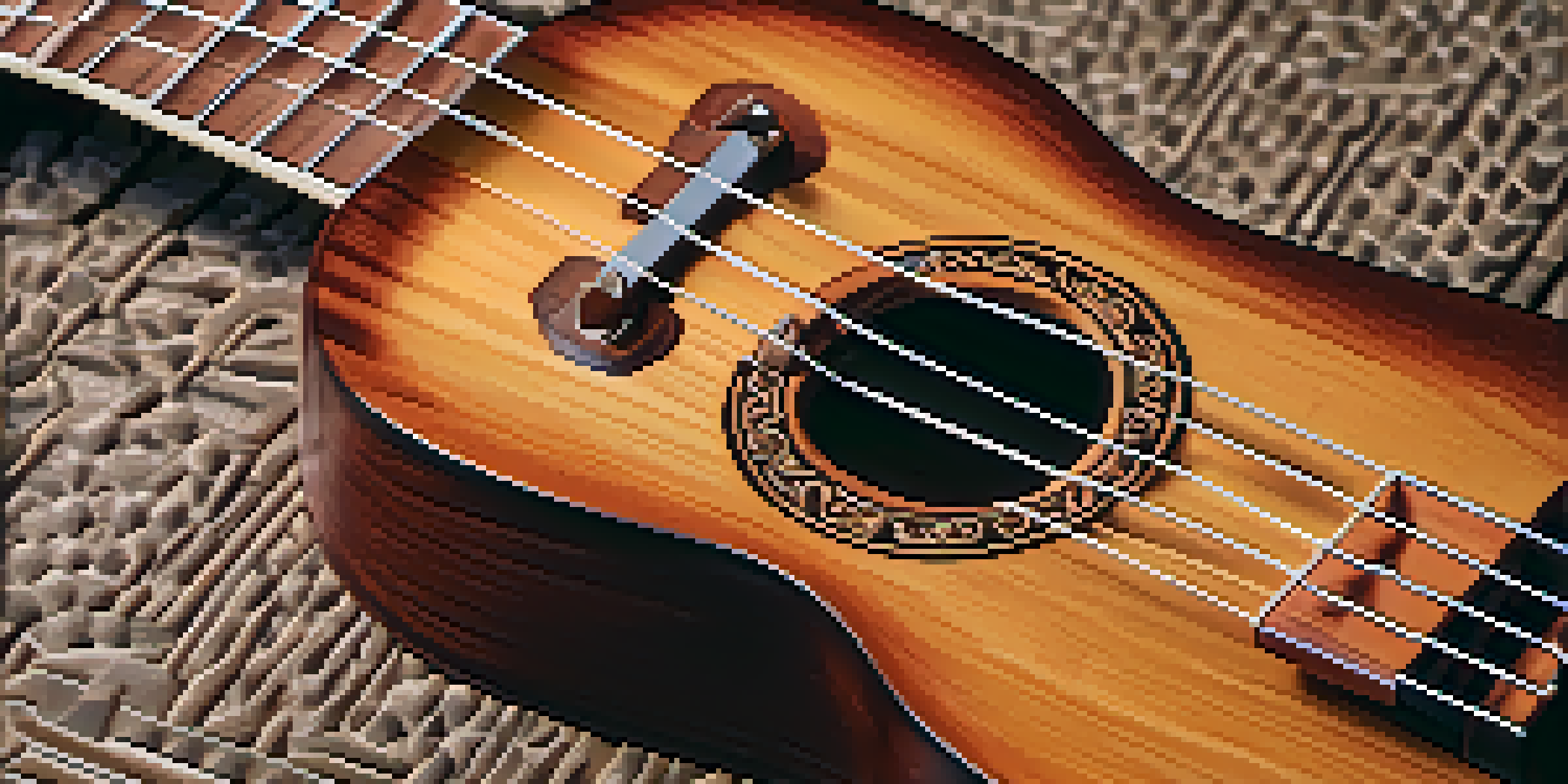 Close-up of a mahogany ukulele bridge with vibrating strings, illuminated by soft sunlight.
