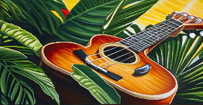 A detailed close-up of a ukulele against a colorful tropical background, with sunlight shining through palm leaves.