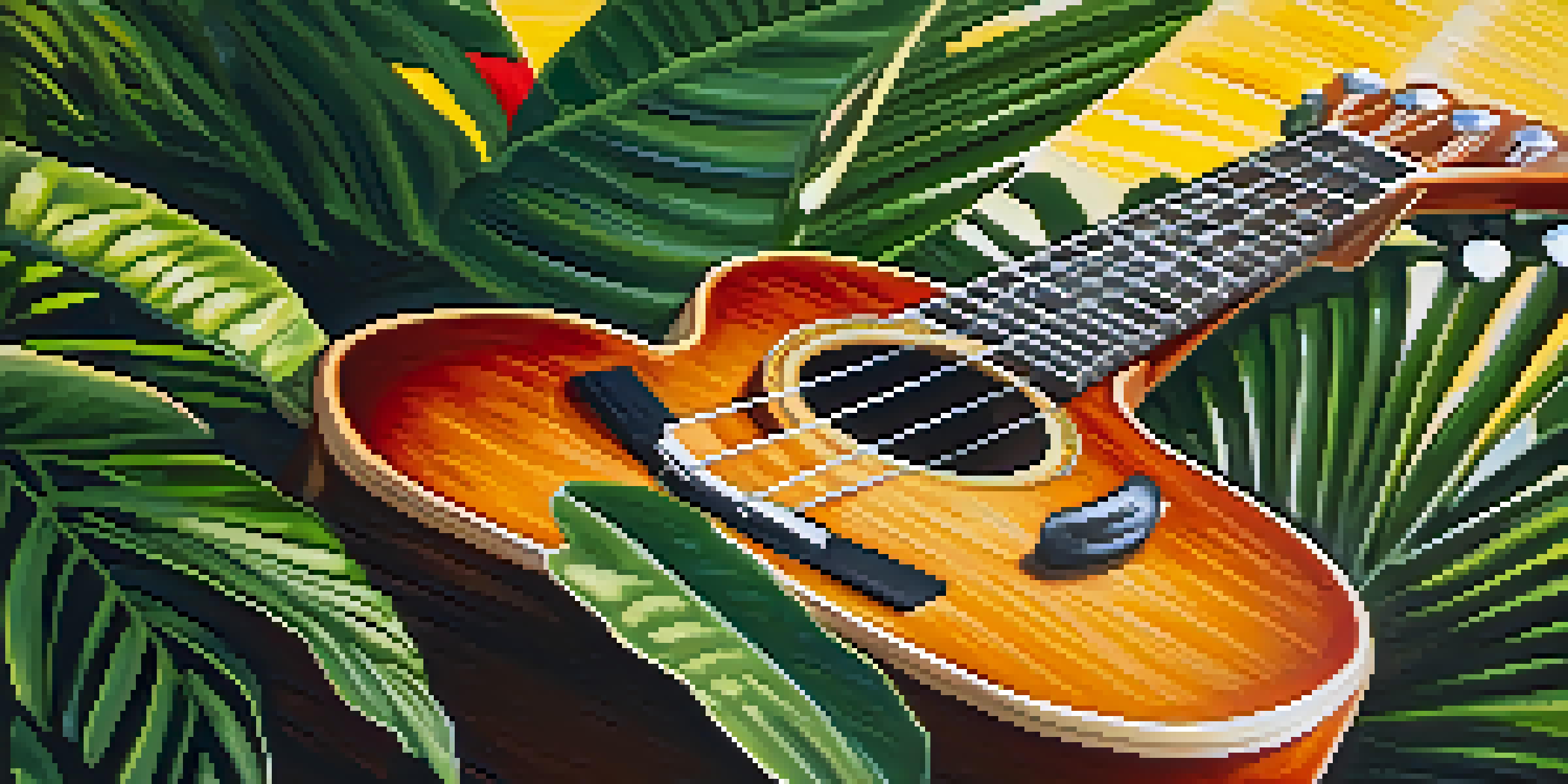 A detailed close-up of a ukulele against a colorful tropical background, with sunlight shining through palm leaves.
