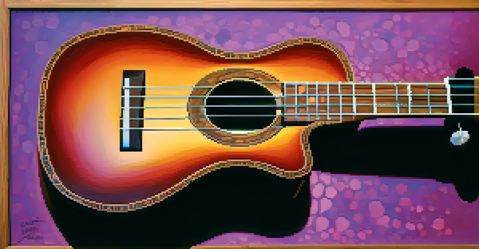 A close-up of a sustainable wood ukulele, displaying its intricate design, shiny strings, and natural wood grain in soft lighting.