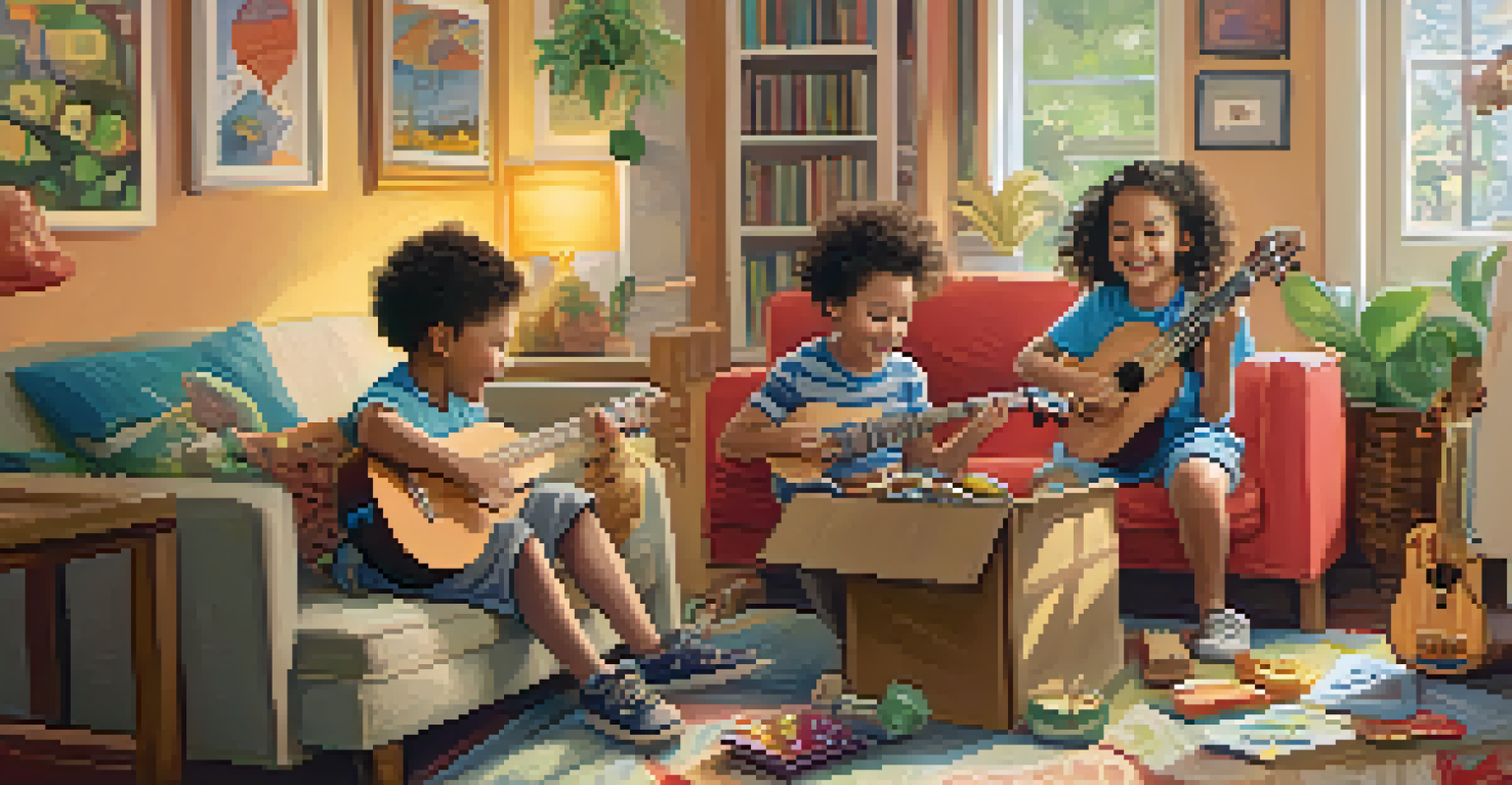 Children having fun during a ukulele scavenger hunt in a cozy living room filled with musical decorations and chord cards.