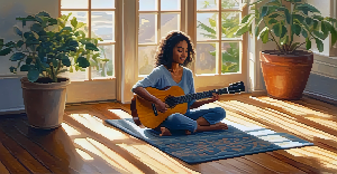 A person sitting on a rug, playing a ukulele in a sunlit room.