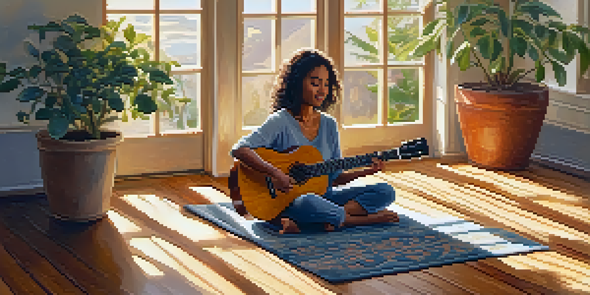 A person sitting on a rug, playing a ukulele in a sunlit room.