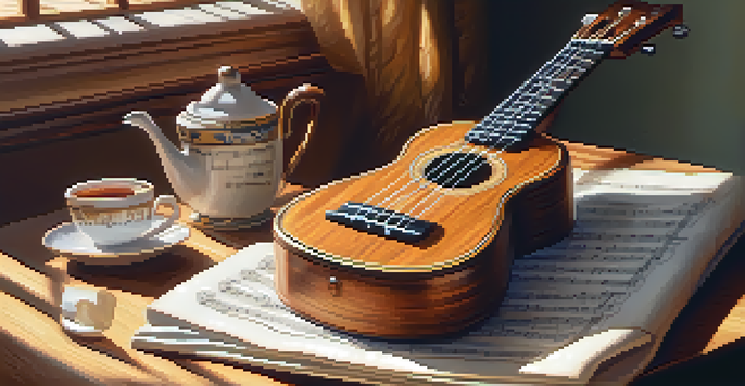 A handcrafted ukulele on a wooden table, with sheet music and a cup of tea, illuminated by warm sunlight.