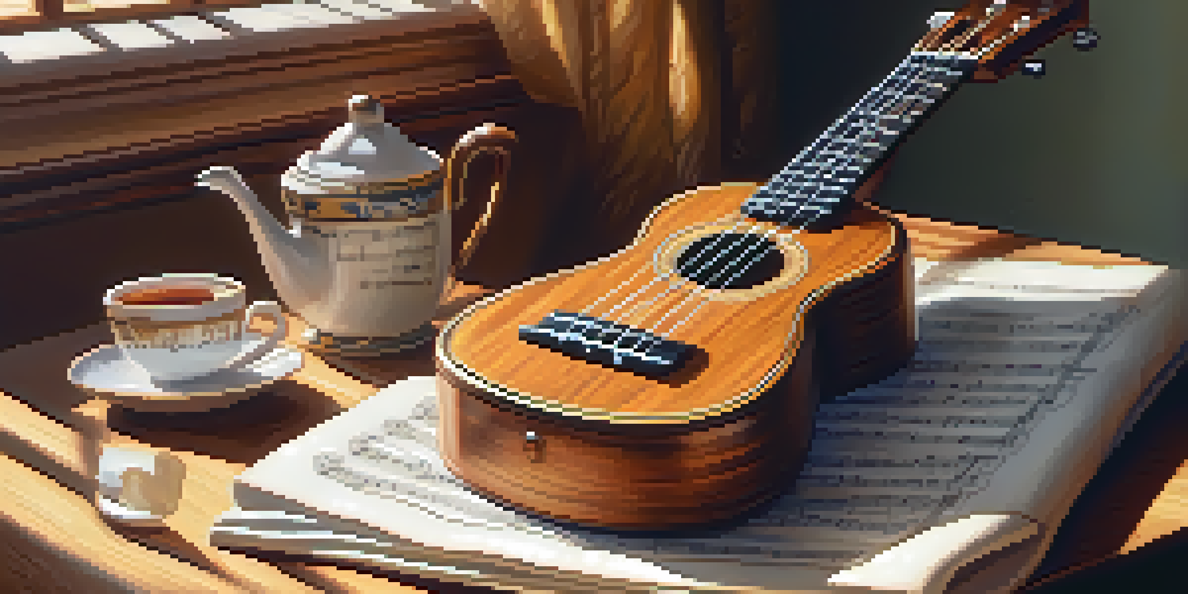 A handcrafted ukulele on a wooden table, with sheet music and a cup of tea, illuminated by warm sunlight.