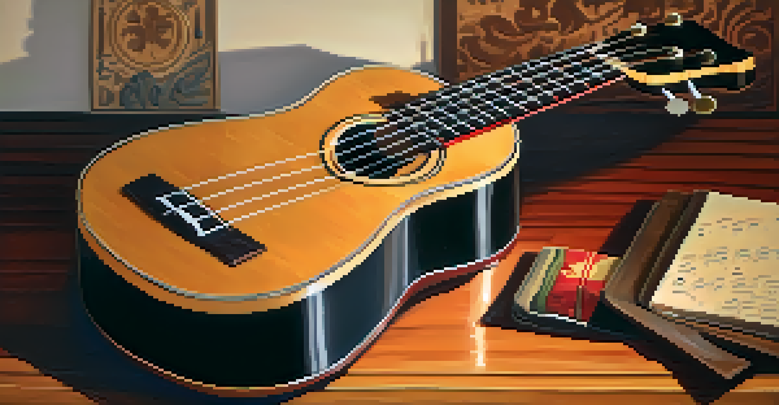 Close-up of a ukulele on a wooden table with flamenco instruments in warm lighting.