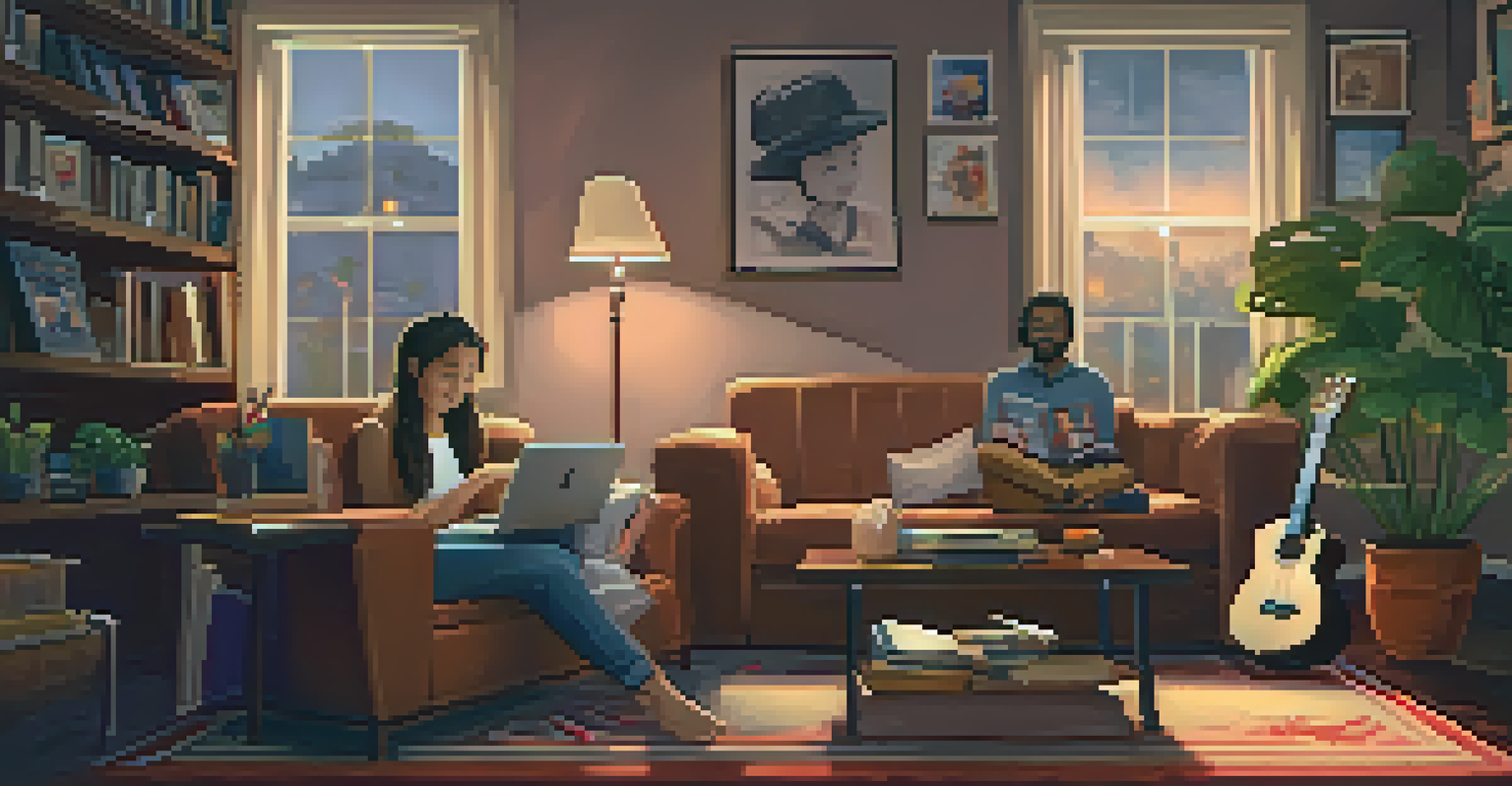 A ukulele player performing in a cozy room, live streaming to an online audience with warm lighting and a bookshelf in the background.