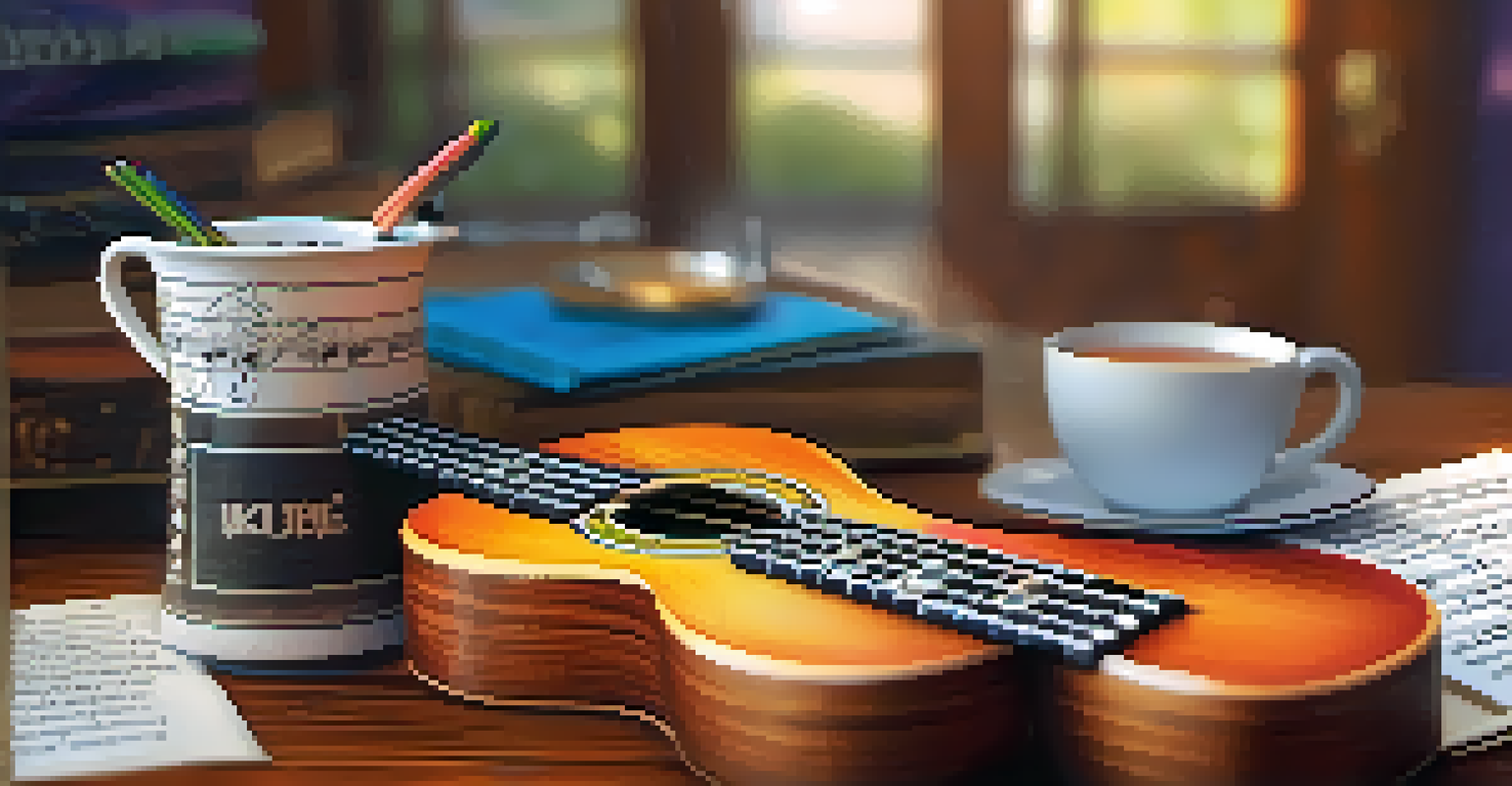 A close-up of a ukulele on a wooden table with music sheets, a cup of tea, and colorful pens.