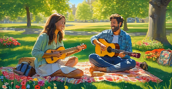 An adult playing the ukulele on a picnic blanket in a sunny park, surrounded by friends and nature.