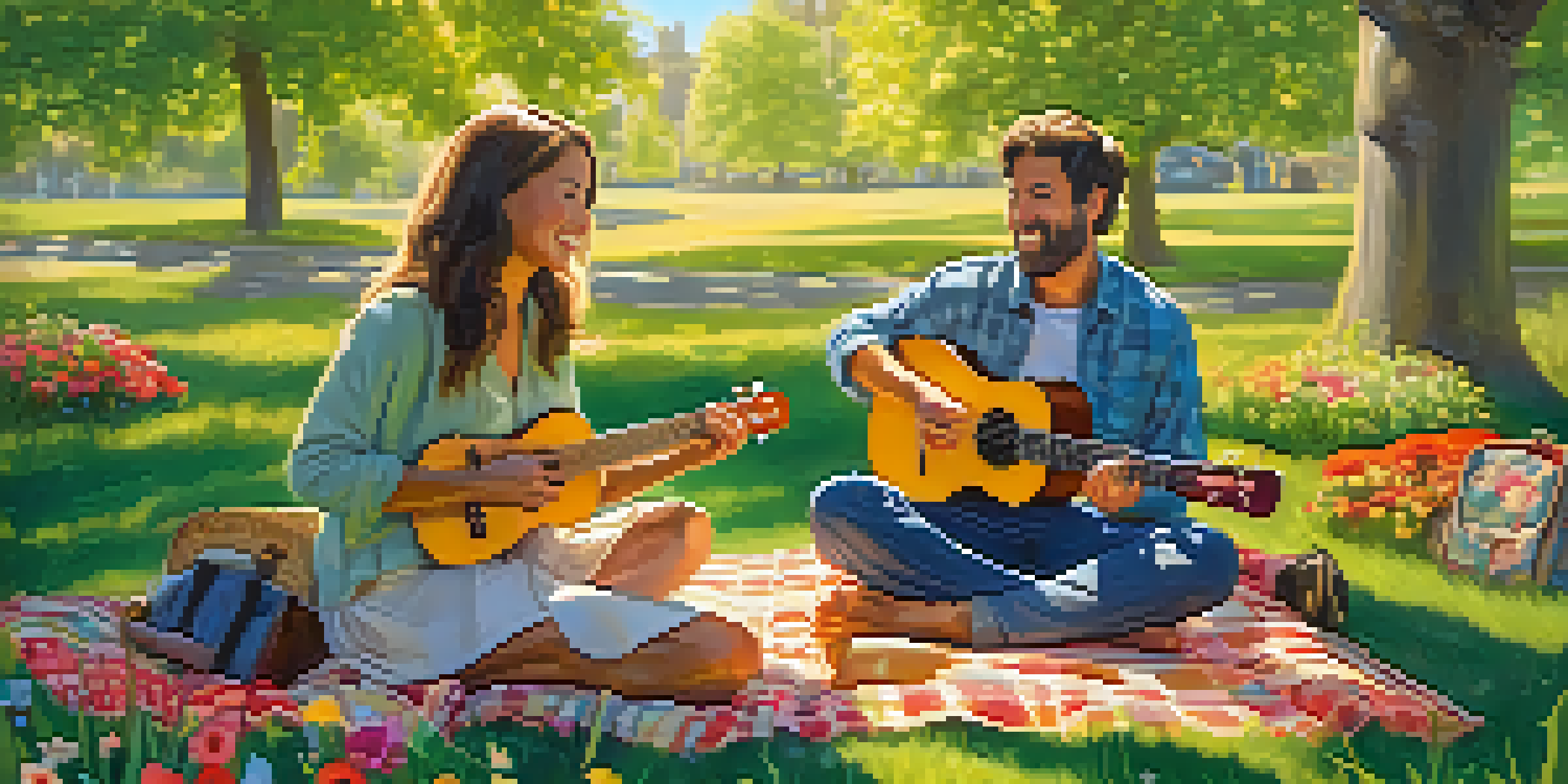 An adult playing the ukulele on a picnic blanket in a sunny park, surrounded by friends and nature.