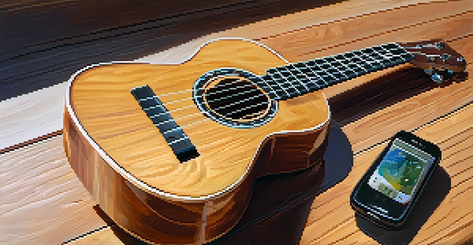 A detailed view of a ukulele on a wooden table, illuminated by sunlight, with a digital tuner beside it.