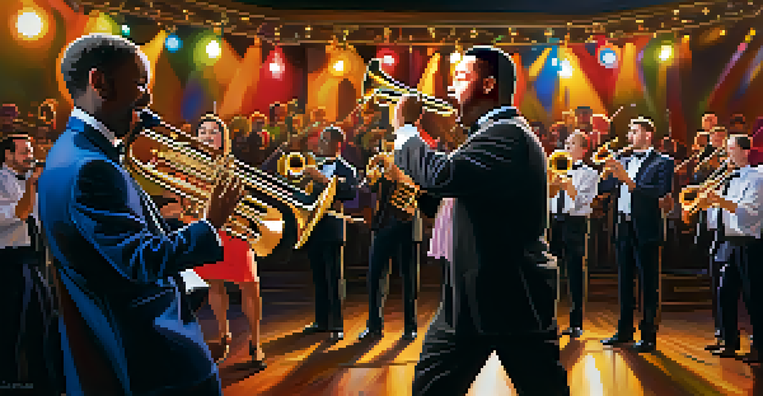 A ukulele and brass ensemble performing energetically on stage, with an engaged audience in the background.