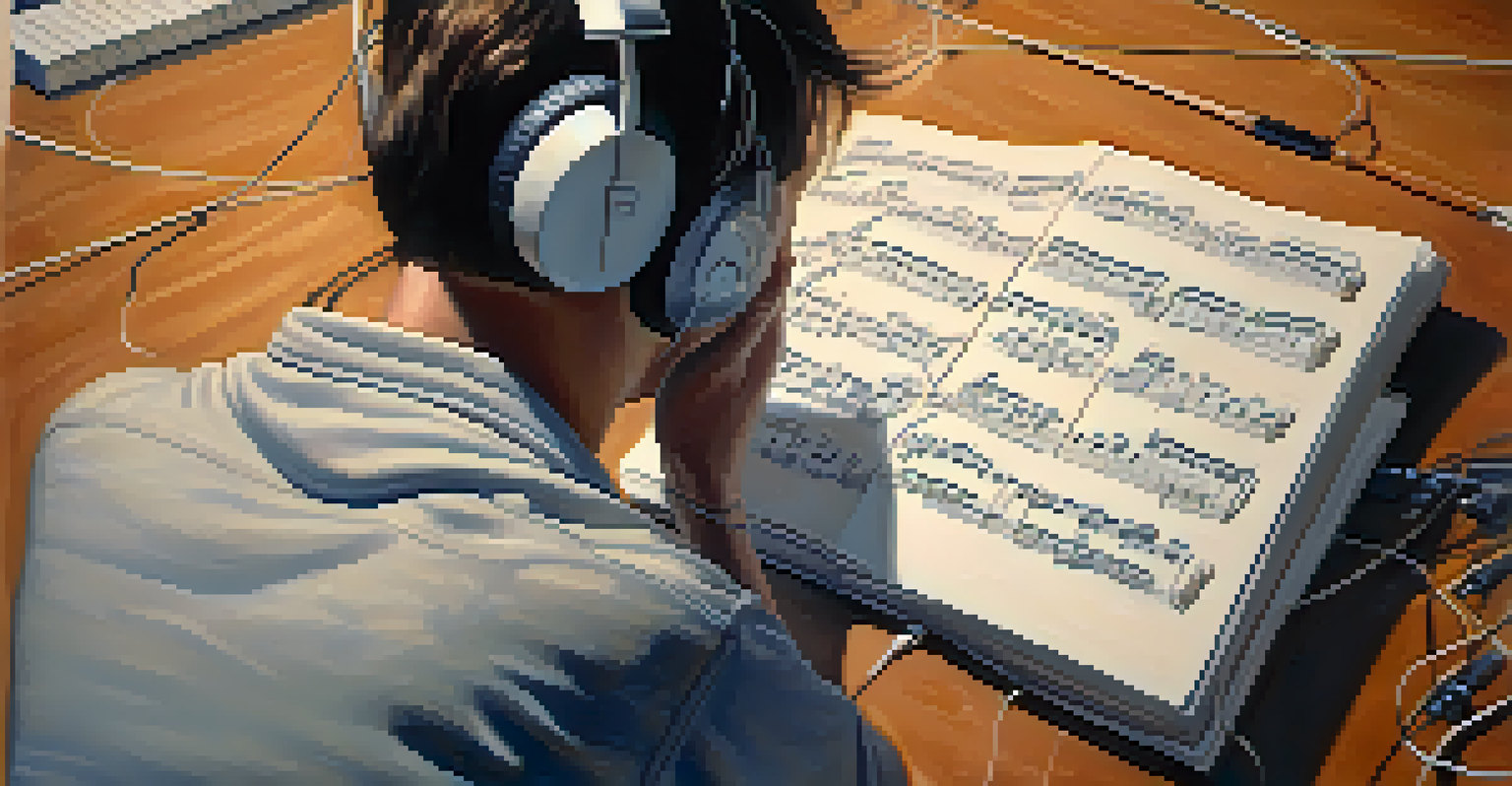 A person with headphones writing music notes in a notebook with a blurred background of musical symbols.