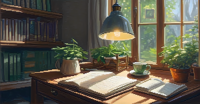 A warm and inviting writing space with a wooden desk, a vintage notebook, a ukulele, handwritten lyrics, and a cup of tea, all illuminated by a soft lamp light.
