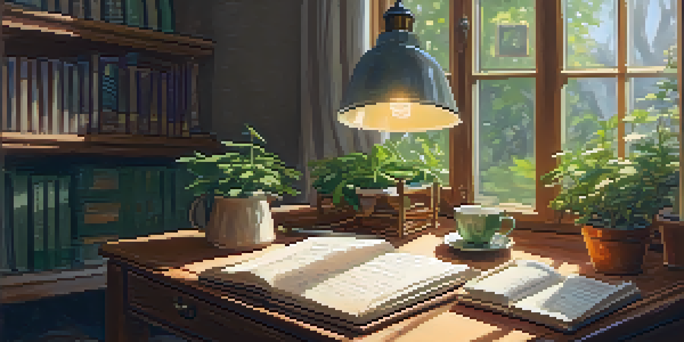 A warm and inviting writing space with a wooden desk, a vintage notebook, a ukulele, handwritten lyrics, and a cup of tea, all illuminated by a soft lamp light.