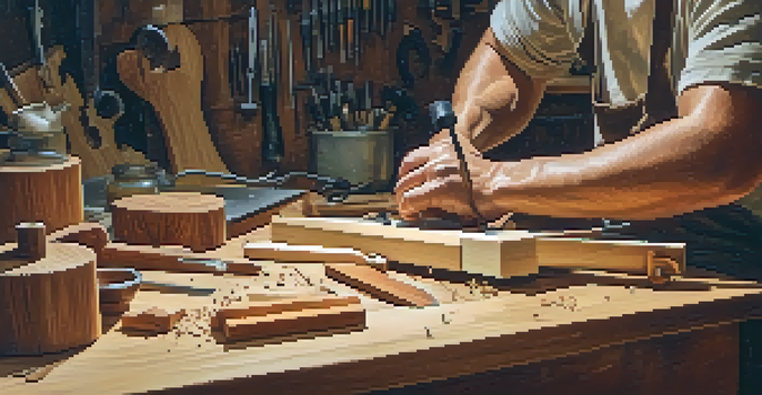 An artisan's hands cutting wood for a ukulele with a jigsaw in a cluttered workshop filled with tools and wood shavings.