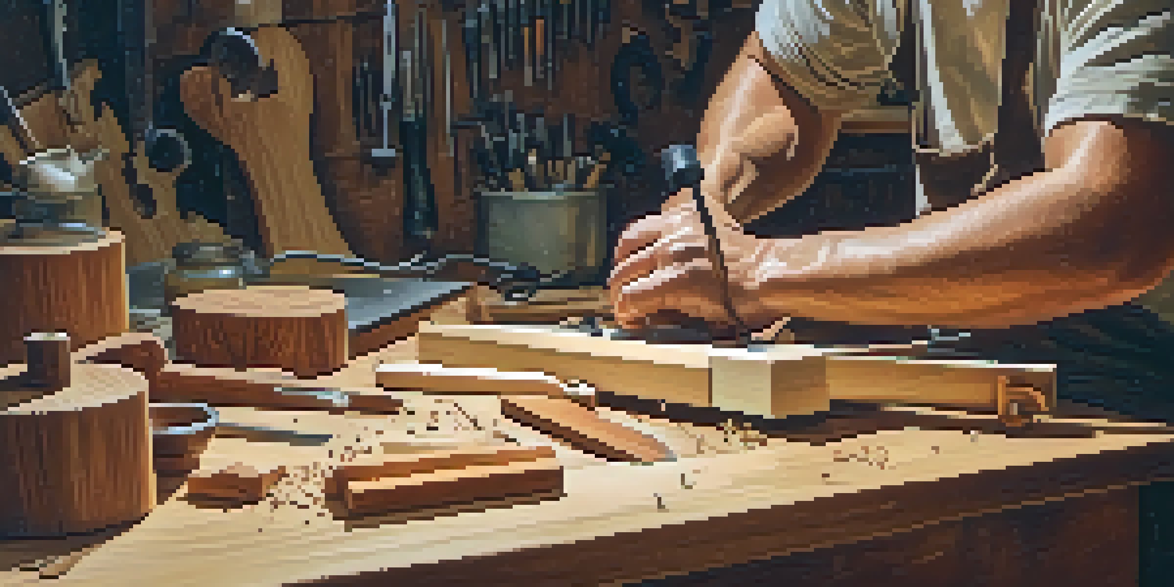 An artisan's hands cutting wood for a ukulele with a jigsaw in a cluttered workshop filled with tools and wood shavings.