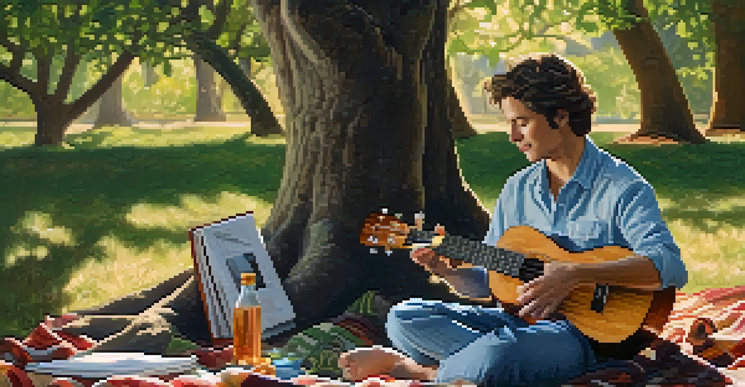 A musician playing ukulele under a tree, with sunlight filtering through leaves, surrounded by a picnic setup.