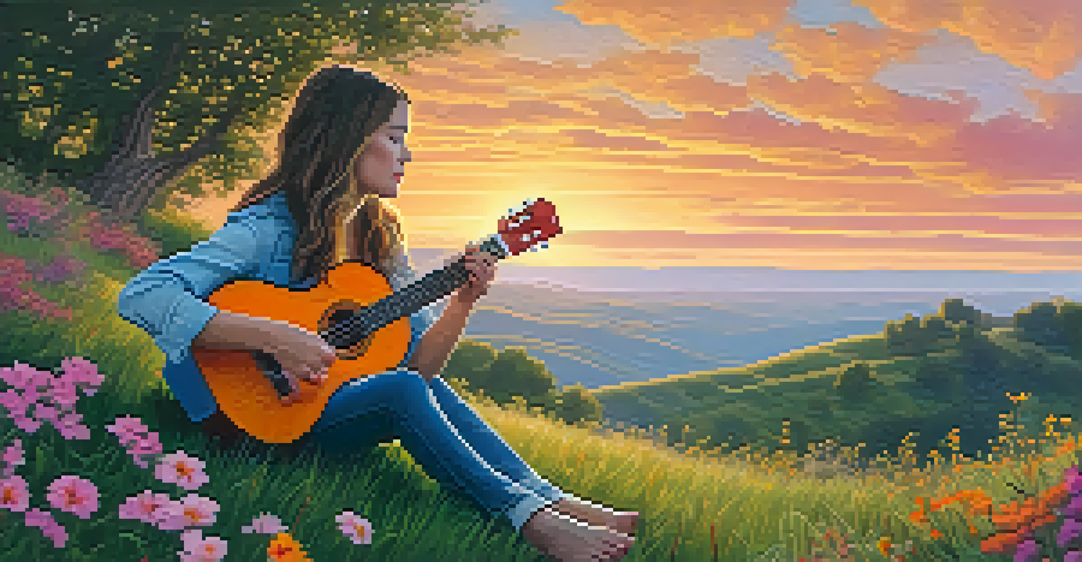 A person sitting on a hill, playing a ukulele against a colorful sunset.