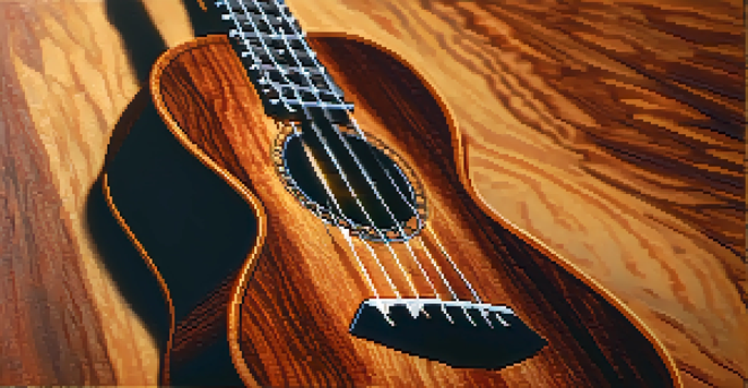A close-up of a koa wood ukulele with intricate grain patterns and warm sunlight highlighting its body.