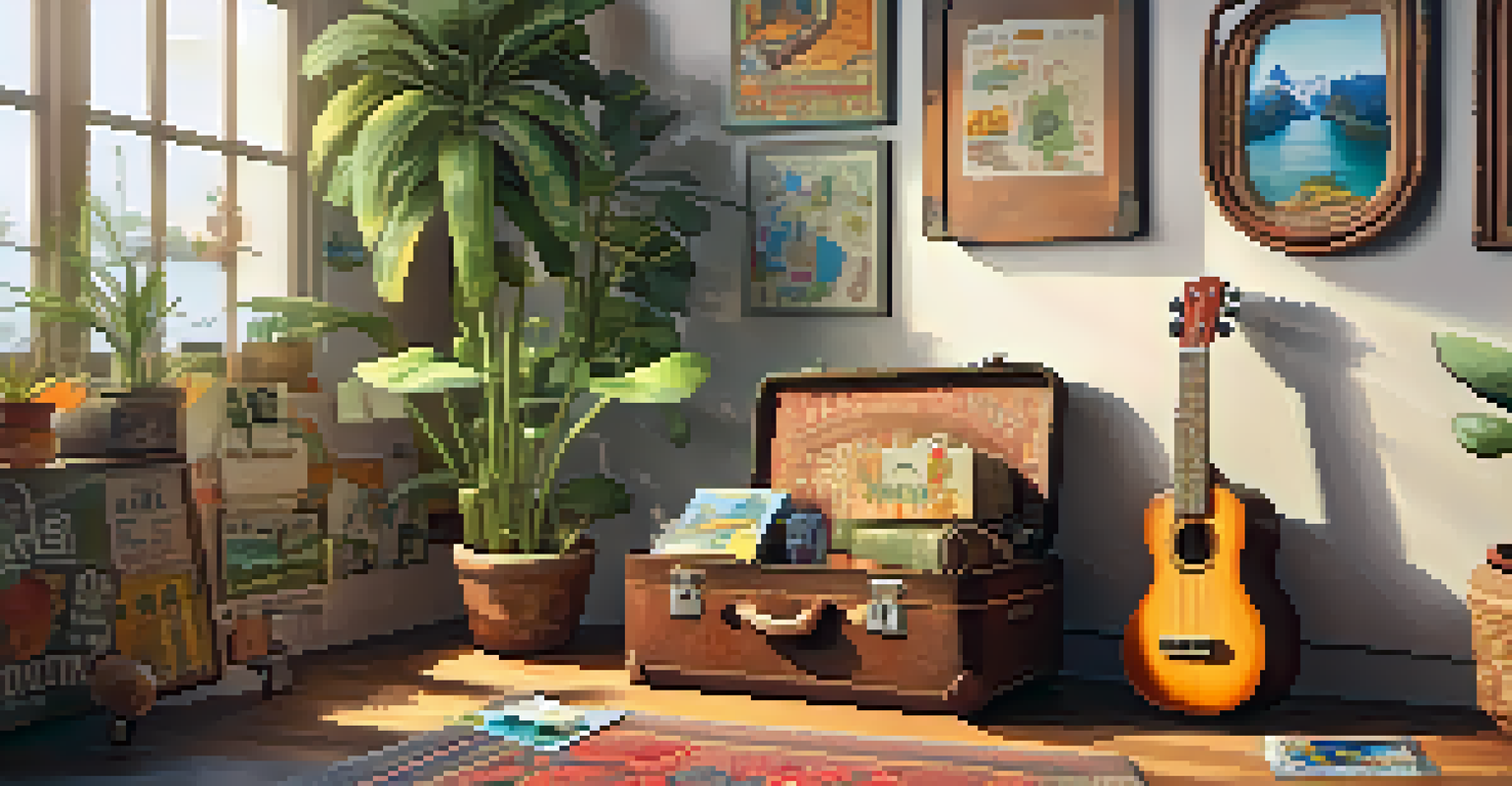 A ukulele next to a vintage suitcase with travel items in a bohemian room.