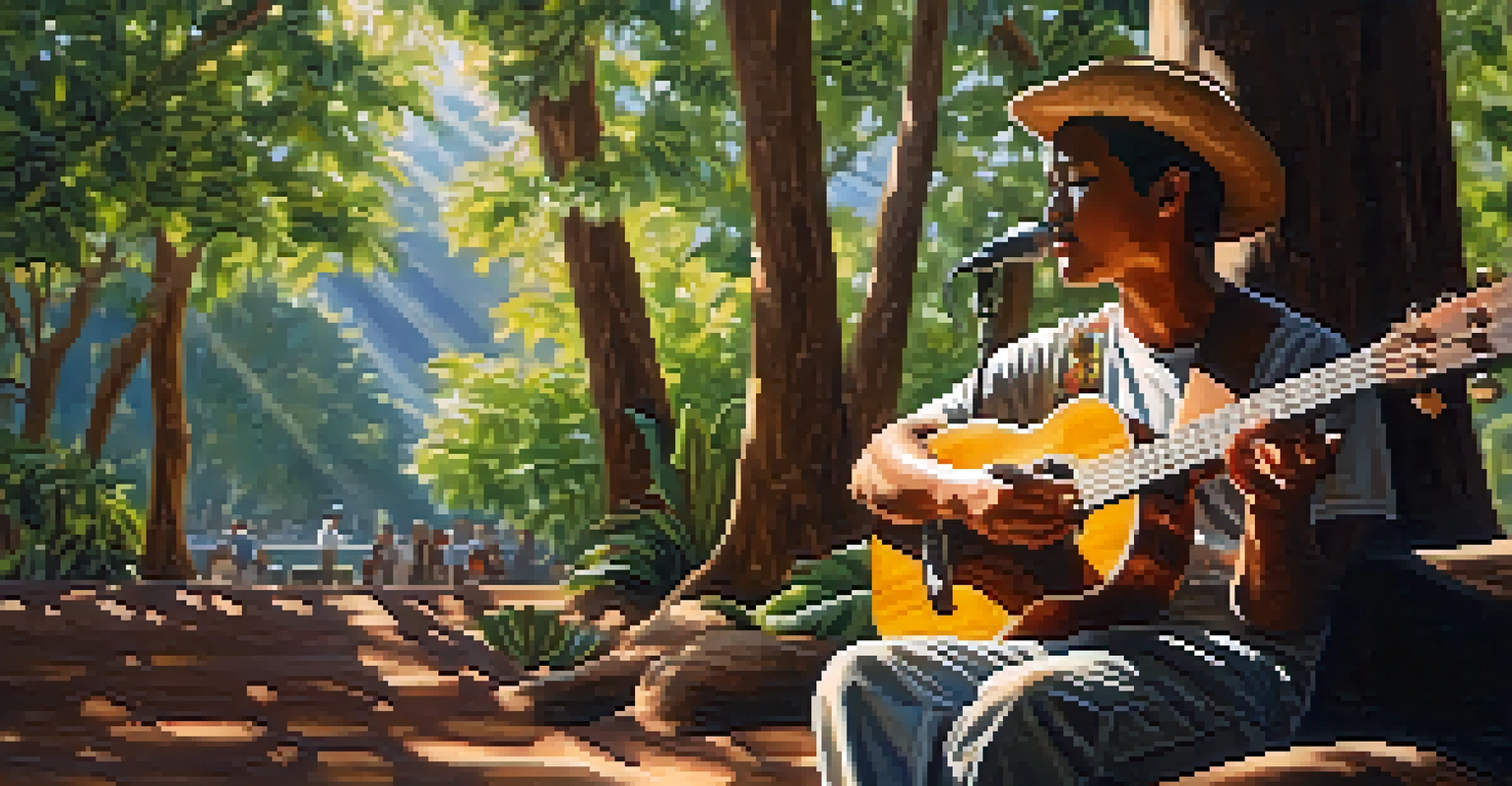 A musician playing a koa wood concert ukulele outdoors under a tree, with sunlight filtering through the leaves.