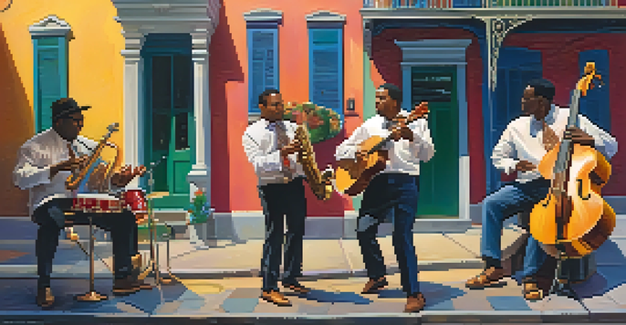 A lively street performance in New Orleans featuring a ukulele player, saxophonist, and drummer, with colorful buildings in the background.