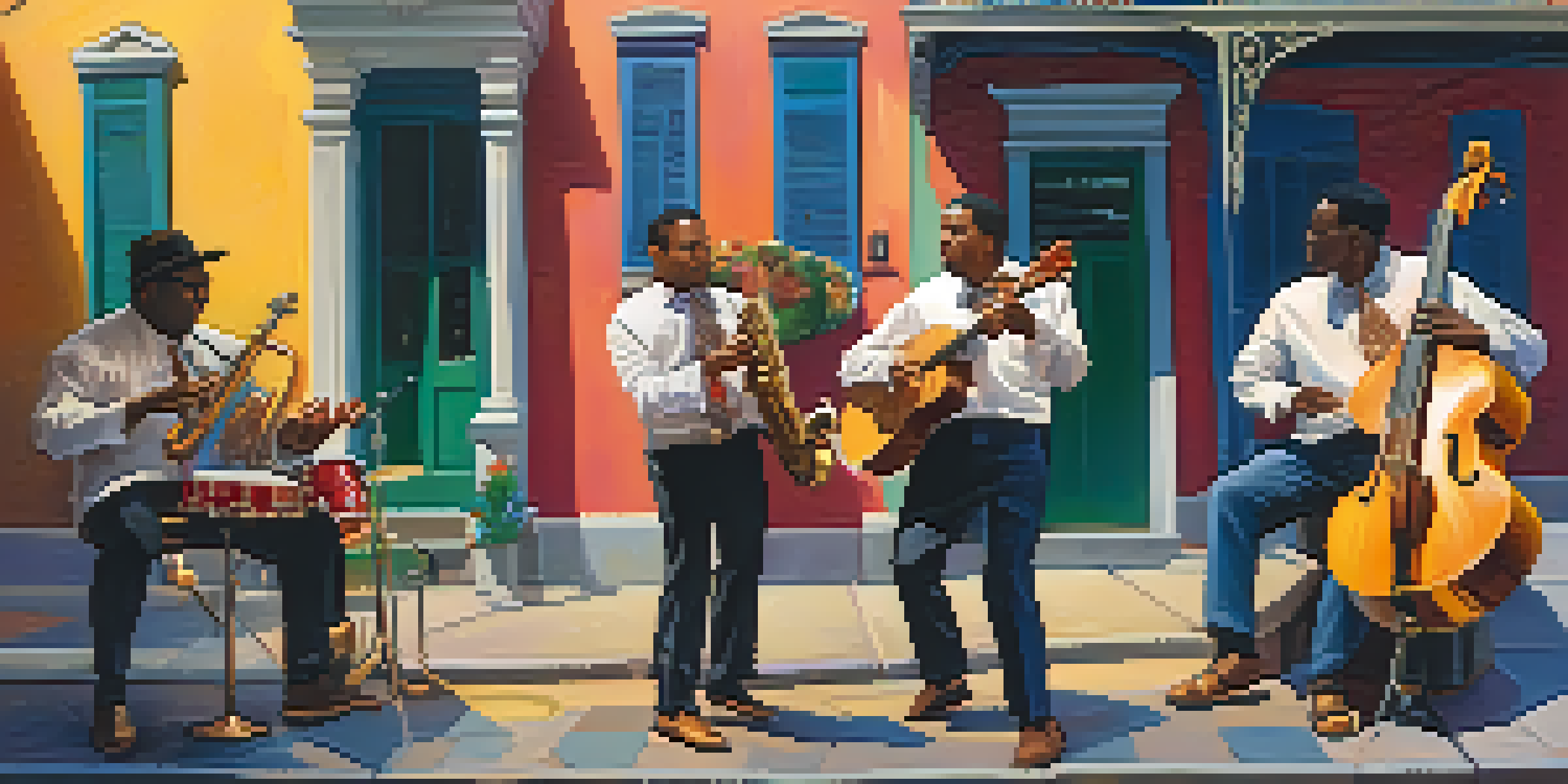 A lively street performance in New Orleans featuring a ukulele player, saxophonist, and drummer, with colorful buildings in the background.