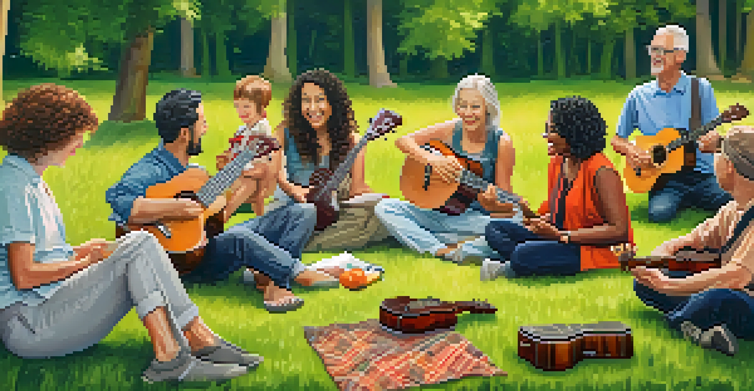 A diverse group of people having an outdoor ukulele lesson in a sunny park, with an instructor demonstrating chords to the enthusiastic learners.