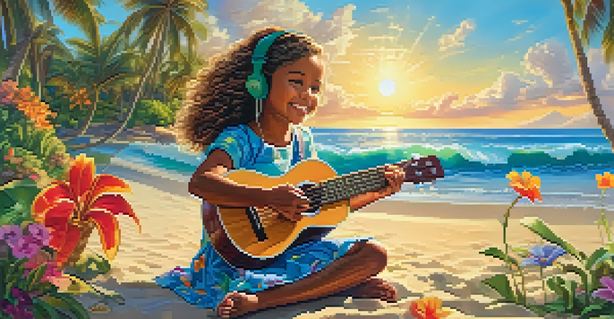 A young girl sitting on a beach playing a ukulele with palm trees and ocean in the background.